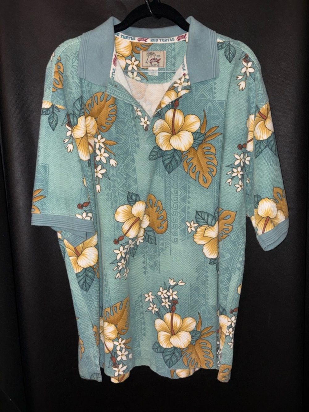 Red Turtle Vintage Hawaiian Floral Polo Shirt Teal Size L Tropical Resort (1998)